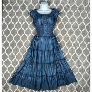 Prairie Peasant Dress Womens Small Medium Blue Smocked Tiered Maxi Western